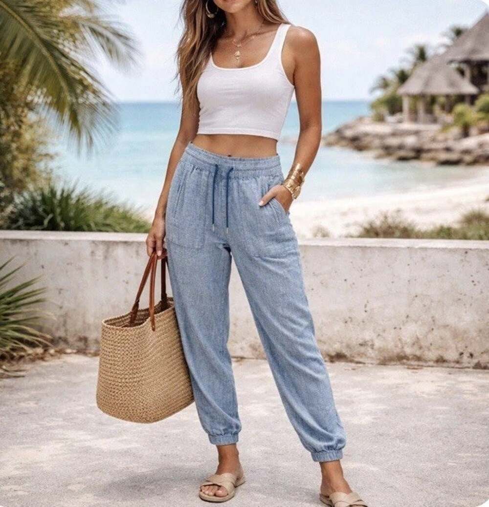 Athleta Sz 14 Linen Chambray Elas Wst Drawstring Wide Leg Jogger Pkts Athleisure